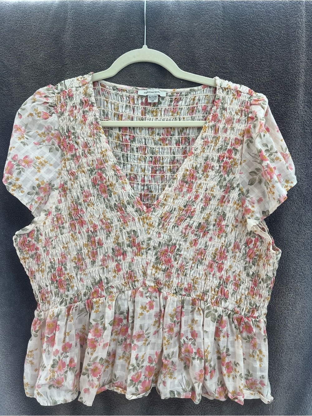 American Eagle Outfitters Pink and Cream Floral Smocked Peplum Top